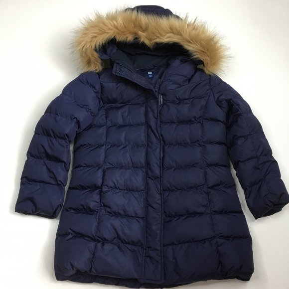 UNIQLO Kids Girl Boy Unisex Dark Blue Removable Fur Hood Trim Puffer Jacket - Picture 1 of 10